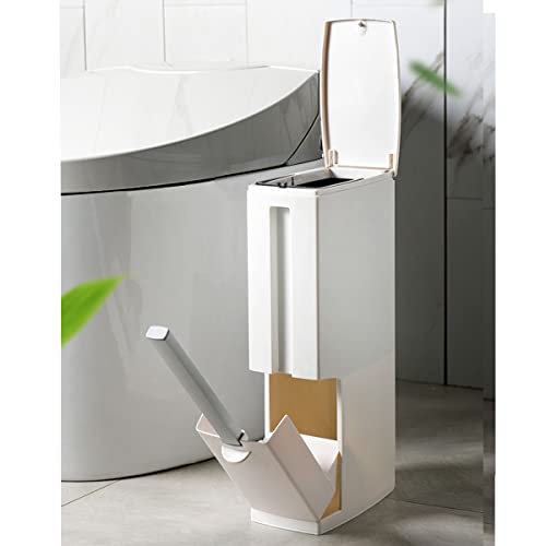 Slim Bathroom Trash Cans with Lid 4.4 Inches Wide/0.7 Gallon(3 Liters),Small Narrow Lidded Bathroom Trash Can with Toilet Brush for RV Camper,Tiny Garbage Can RV Accessories for Inside (Ivory) - color: Ivory