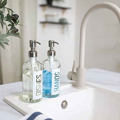 JASAI 2Pack 18OZ Glass Soap Dispenser with Hands & Dishes Printed Label. | Kitchen Soap Dispenser with Rustproof 304 Stainless Steel Pump for Hand Soap & Dish Soap (White) - color: White With White Pump
