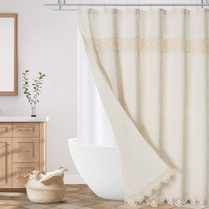 Extra Long Boho Farmhouse Shower Curtain Set with Liner, Linen Bohemian French Country Bath Curtain 72x84 - Beige/Cream - color: Beige-liner Set, size: 72"W x 84"L (Pack of 1)