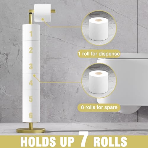 RUACQ Bathroom Toilet Paper Holder Stand with Storage, Gold | Free Standing Toilet Roll Holder, Height Adjustable, Holds 6 Reserve Rolls, Weighted Base, 304 Stainless Steel Rustproof - color: Gold