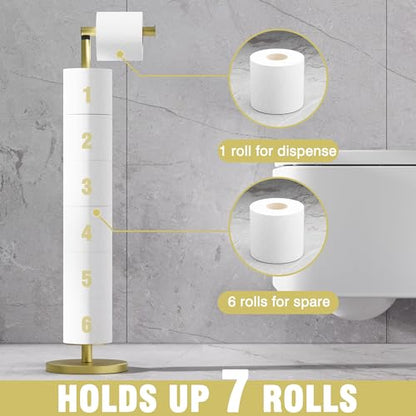 RUACQ Bathroom Toilet Paper Holder Stand with Storage, Gold | Free Standing Toilet Roll Holder, Height Adjustable, Holds 6 Reserve Rolls, Weighted Base, 304 Stainless Steel Rustproof - color: Gold