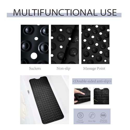 Non-Slip Bath Tub Mat, Extra Large 40x16 Inch Shower Mat with Suction Cups & Drain Holes, Quick Dry Soft Mat for Bathroom Floor Safety, Bubble Style, Black - color: Black