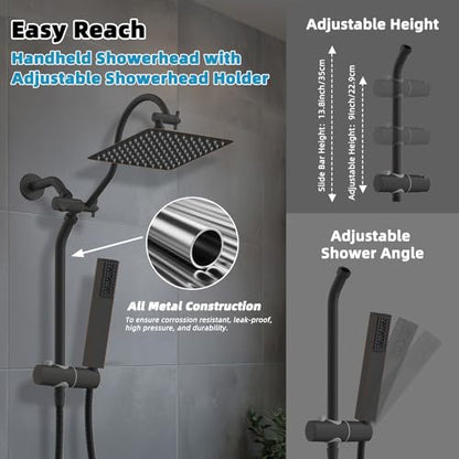 Hibbent 10'' Rainfall Shower Head with 4-Spray Handheld, Oil Rubbed Bronze | High Pressure Showerhead Combo, 12'' Adjustable Extension Arm, Extension Bar, Easy Reach Holder, 71'' Hose - color: Oil Rubbed Bronze, style: Square 10''