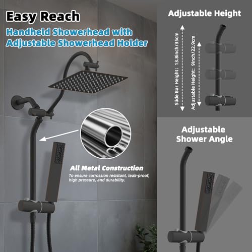 Hibbent 10'' Rainfall Shower Head with 4-Spray Handheld, Oil Rubbed Bronze | cUPC Certified High Pressure Showerhead Combo, 12'' Adjustable Extension Arm, Extension Bar, Easy Reach Holder, 71'' Hose - color: Oil Rubbed Bronze, style: Square 10''