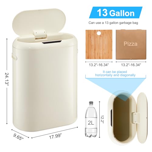 IDEALHOUSE 13 Gallon Trash Can, Automatic Touchless Kitchen Trash Can with Motion Sensor Lid, Slim Garbage Can with Soft-Close Lid, PP Trash Bin Easy Clean, 50L White for Bathroom Office Bedroom