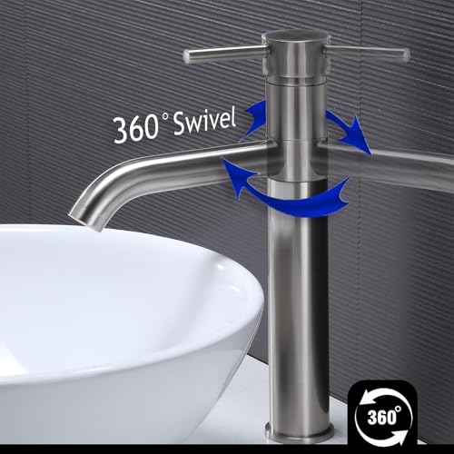 Hotis Vessel Sink Faucet Brushed Nickel, Stainless Steel Tall Bathroom Faucet with 360° Swivel Spout, Single Handle 1 Hole Bathroom Faucets with Supply Lines and Pop Up Drain, HT-BF100 - color: Brushed Nickel