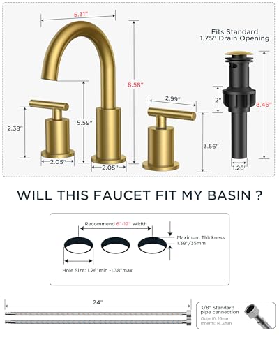 FORIOUS 8 Inch Brushed Gold Bathroom Faucet 3 Hole, Widespread Gold Faucet | Widespread Gold Sink Faucet Bathroom with 360° Swivel Spout, 2 Handle Gold Vanity Faucet 3 Holes with Water Saving Aerator - color: Brushed Gold, style: Modern