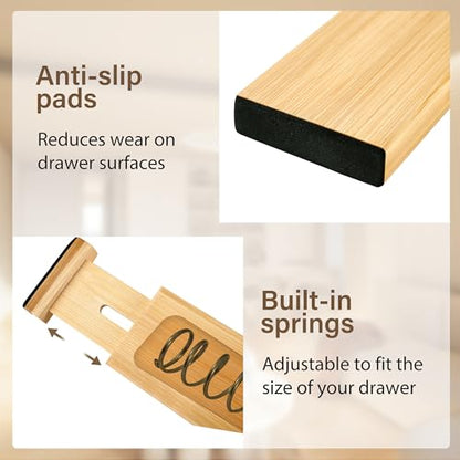 Adjustable Bamboo Drawer Dividers of 4, Expandable Organizers (16.9"-22.2") | Spring-Loaded Kitchen Drawer Organizer, Non-Slip Ends, 2.2" High, Easy Setup & Clean, for Kitchen, Dresser, Clothes, Bath - size: 2.3"High, 16.9“-22.2”Long, 4Pack