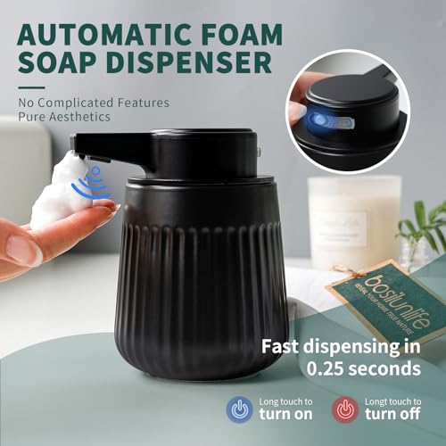 BosilunLife Ceramic Automatic Soap Dispenser with Extended Pump Nozzle, 3 Adjustable Levels, Touchless Foam Hand Wash Foaming Dispenser for Bathroom & Kitchen, Striped Design, Black, 10oz - color: Striped-black