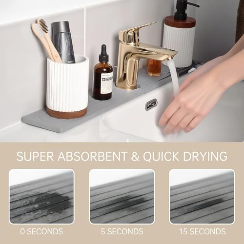 Diatomite Sink Splash Guard – Super Absorbent Kitchen & Bath Mat, Quick-Dry Non-Slip Drying Tray, Fits Most Faucets, Pet Bowl Mat, Vase Holder (Premium Gray, 15.8'' x 4'') - color: Gray-D