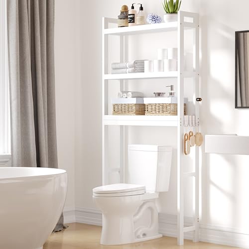 Smiry Over The Toilet Storage Cabinet, 3-Tier Bamboo Bathroom Organizers with Adjustable Shelf & 4 Hooks, Space Saving Shelf Rack for Bathrooms, Laundry Room, Balcony, White - color: White, size: 3 Tiers (66.9"H)