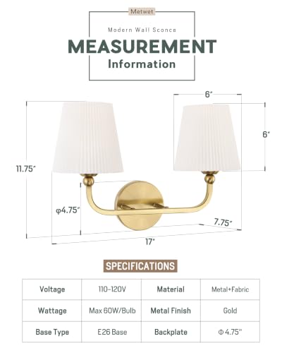 2-Light Brushed Gold Bathroom Vanity Light, Pleated Fabric Shade | 17" 2-light gold double wall sconce with white pleated fabric shades, E26 bulbs, hardwired, upward only, VL837-BG-Z-2 - color: Brushed Gold, White Pleated Shade, size: 2-light
