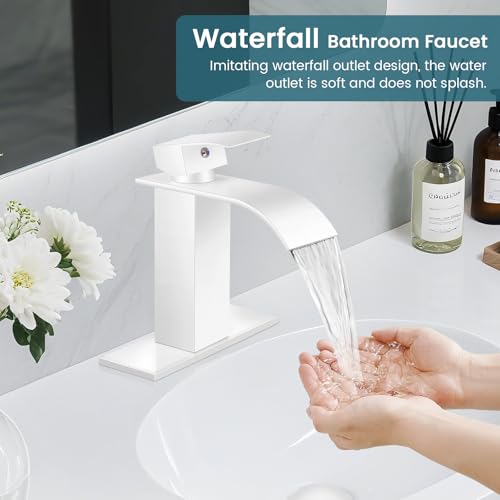 Bathroom Faucets White Waterfall Single Handle Bathroom Sink Faucet | with Pop-up Drain & Deck,Supply Hoses,Single Handle Vanity Faucet,Stainless Steel,1 or 3 Hole,RV,Farmhouse Bathrooms - color: A-White, style: Short