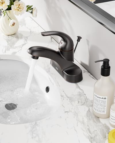 WOWOW Single Handle Commercial Bathroom Faucet Oiled Rubbed Bronze 4 inch Centerset Bathroom Basin Sink Faucets One Handle Vanity Faucets Basin Mixer Tap with Lift Rod Drain Assembly - color: Oiled-Rubbed Bronze