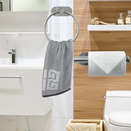 Self Adhesive Towel Ring and Toilet Paper Holder, No Drilling Stainless Steel Bathroom Hardware Set, Sturdy Bathroom Accessories for Home or Kitchen, Wall Mounted (Brushed Nickel) - color: Brushed Nickel