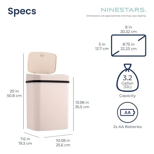 Ninestars 3 Gallon Automatic Trash Can, 12L Touchless Motion Sensor Bathroom or Bedroom Garbage Can with Odor-Sealing Lid, Impact-Resistant ABS Plastic, White - color: Cream