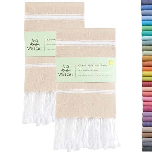 WETCAT Turkish Hand Towels with Hanging Loop, Set of 2 (20" x 30") 100% Turkish Cotton, Pre-Washed, Quick Drying, for Kitchen or Bathroom - Beige - color: Beige