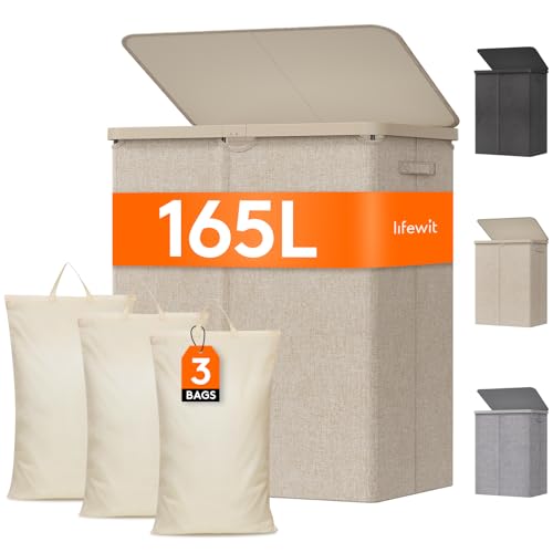 Lifewit 165L Large Laundry Basket with Lid, Laundry Hamper with Plastic Handles and Removable Bag, Foldable Tall Dirty Clothes Hampers for Laundry for Laundry Room, Bedroom, Bathroom, Dorm, Beige - color: Beige, size: 165L