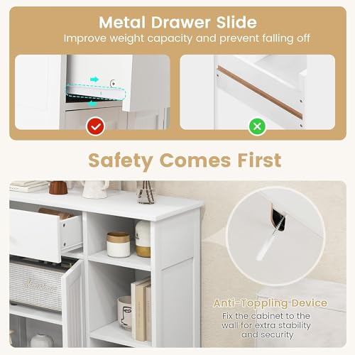 GOFLAME Bathroom Cabinet, 29.5" x 12" x 31.5" Floor Storage Cabinet with 1 Drawer, 3 Open Compartments, Adjustable Shelves, White
