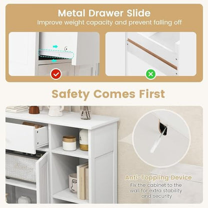 GOFLAME Bathroom Cabinet, 29.5" x 12" x 31.5" Floor Storage Cabinet with 1 Drawer, 3 Open Compartments, Adjustable Shelves, White