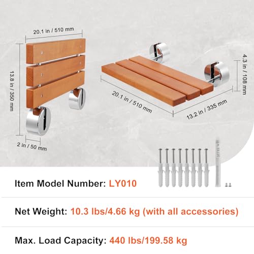 VEVOR Folding Teak Shower Seat, 20.1" x 13.2" Unfolded, Wall Mounted Fold Up Shower Bench with 440 lbs Load Capacity, Space Saving Home Care Fold Down Shower Chair, for Seniors Pregnant Women Children