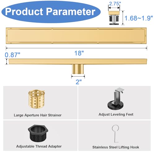 18 Inch Linear Shower Drain-Brushed Gold, with Tile Insert Grate | AISI 304 Stainless Steel Shower Drain, Rectangle Shower Floor Drain with Leveling Feet, Fits Bathroom & Balcony etc - color: Brushed Gold, size: 18 Inch