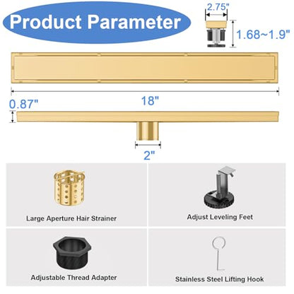 18 Inch Linear Shower Drain-Brushed Gold, with Tile Insert Grate | AISI 304 Stainless Steel Shower Drain, Rectangle Shower Floor Drain with Leveling Feet, Fits Bathroom & Balcony etc - color: Brushed Gold, size: 18 Inch