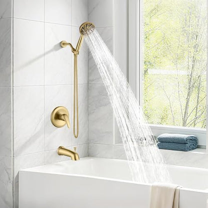 gotonovo Tub Shower Faucet Set with Valve 6 Mode Handheld Brushed Gold | Bathtub Faucet Set,6 Mode ABS Handheld Spray,6.3’’ Metal Tub Spout,Brass Valve Trim Kit,Shower Head and Handle Kit,Wall Mount - color: Gold