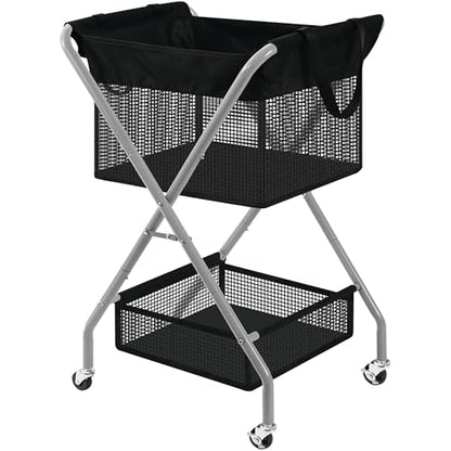 STO STO 2-Tier Foldable Laundry Cart with Wheels, 75L Tall Rolling Laundry Hamper, Collapsible Laundry Basket with Removable Bag, Rust-Resistant Steel Frame for Laundry Room, Bathroom, Dorm, Black