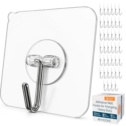 Adhesive Wall Hooks for Hanging Heavy Duty 22 lbs Hooks for Walls No Damage, Towel Sticky Clear Hooks, Waterproof, Home, Bathroom, Kitchen, Office, and Outdoor, 40 Pack - size: Medium, 40 pcs