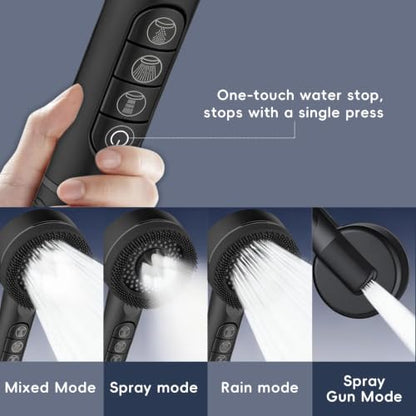 High Pressure Filtered Detachable Shower Head with Handheld Matte Black | 4 Detachable Spray Modes and ON/OFF Pause Switch Detachable Filtered Showerhead ABS Rust-Resistant Material