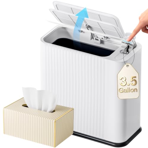 Bathroom Trash Can with Lid and Tissue Box Cover Set 13 L/ 3.5 Gallon White Trash Can with Pop-Up Lid Small Garbage Can for Bathroom Bedroom Office Kitchen - color: White & Gold