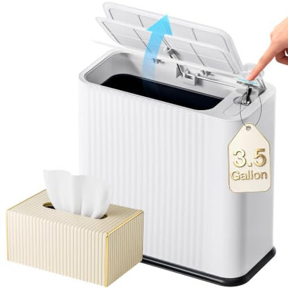 Bathroom Trash Can with Lid and Tissue Box Cover Set 13 L/ 3.5 Gallon White Trash Can with Pop-Up Lid Small Garbage Can for Bathroom Bedroom Office Kitchen - color: White & Gold