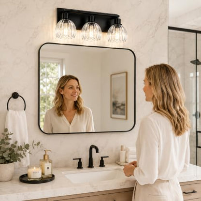 Black Bathroom Vanity Light Over Mirror, 3 Light Vanity Light Fixture with Clear Fluted Glass Shades, 18.3 Inch Wall Mount Bathroom Lighting Fixture, E26 Base