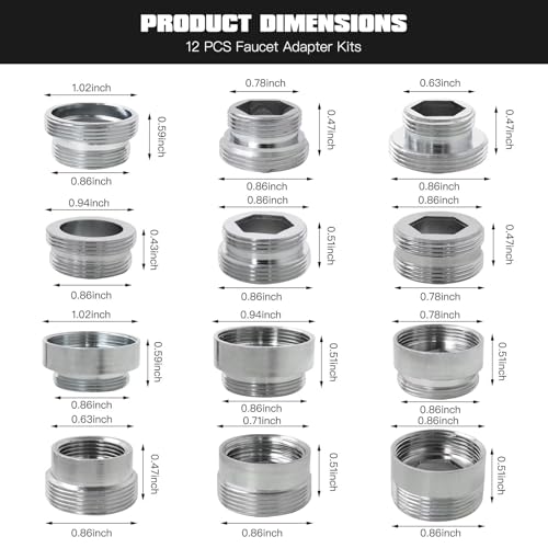 12 Pieces Faucet Adapter Kit Kitchen Aerator Male to Female Male Faucet Water Hose Adapter, Outside 22mm to 16 18 20 22 24 26mm Inside and Outside US YTXXDEUS