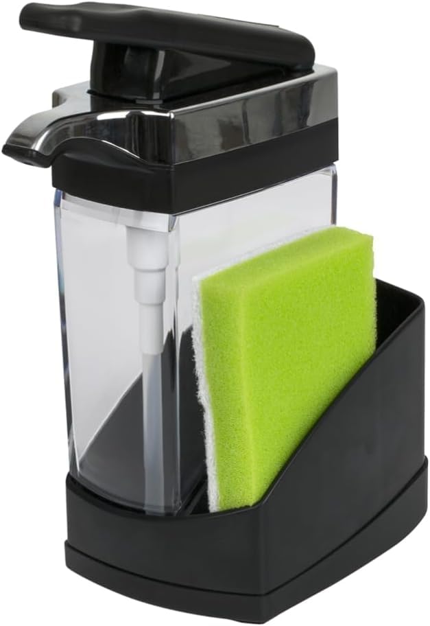 Casabella Sink Sider Solo Kitchen Soap Pump and Sponge Caddy, Black/Chrome - 2-in-1 Soap and Sponge Caddy, One-Hand Soap Dispensing, Easy to Refill and Clean, Efficient Size (Pack of 6) - color: Black