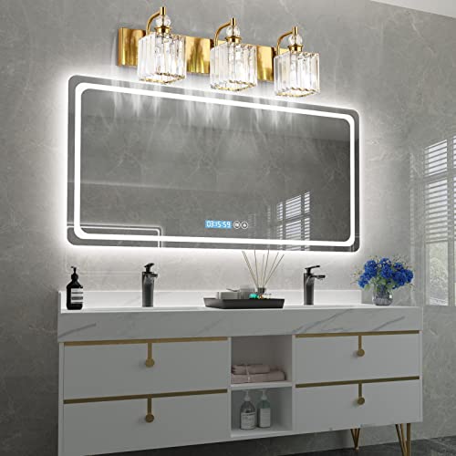 Ralbay Crystal Bathroom Vanity Lights 3-Lights 24'' Modern Crystal Gold Bathroom Lighting Fixtures Over Mirror - color: Square-Brass, size: 24 inch