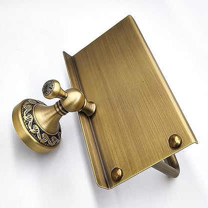 Toilet Paper Holder with Phone Shelf, Bathroom Toilet Paper Roll Holder Antique Bronze Brass Wall Mounted Bathroom Hardware Accessories,Pattern Carving Design