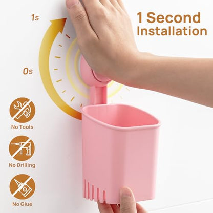 LEVERLOC Powerful Suction Cup Toothbrush Holder, Drill-Free Wall Shower Holder for Toothbrush, Toothpaste, Razor, Self-draining Kitchen Tableware Organizer, Removable Suction Cup in Shower, Pink - color: 1 Holder, Pink