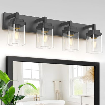 Matte Black Bathroom Light Fixtures, Modern Vanity Lights with Clear Glass Lamp Shade, Bathroom Lighting Fixtures Over Mirror, Restroom Vanity Lighting Fixture, 4-Light 30 Inch - color: Blakc, size: 4-Light