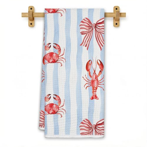 Red Lobster Crab Coastal Kitchen Towels, Preppy Beach Crawfish Dish Tea Towels for Kitchen Decor, Blue Striped Nautical Decorative Hand Towel for Bathroom, Seafood Boil Party Supplies, 16x24 Inch - color: Preppy Crawfish