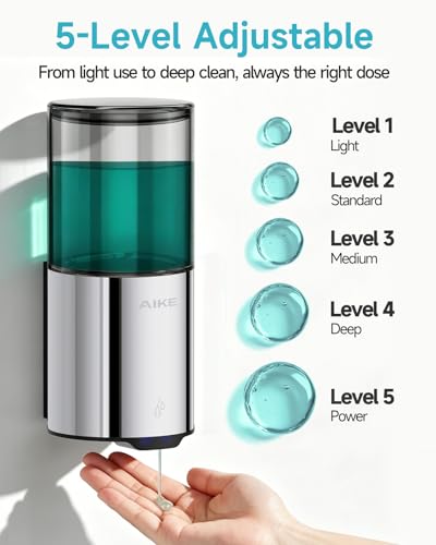 AIKE Automatic Soap Dispenser IPX7 Waterproof 13.5oz Polished Finish | No-Drill and Screws for Mounting,Space Saving,Adjustable 5 Levels Precise Dispense for Bathroom,Easy Refill Wide Opening - color: Polished Stainless Steel