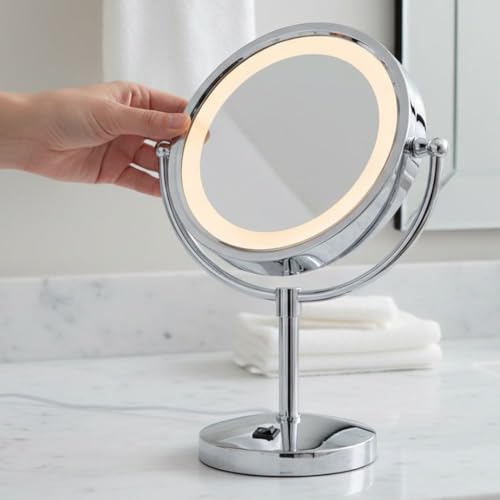 JERDON Lighted Makeup Mirror with 5X Magnification - Chrome - HL745CO | Two-Sided 1X View, 8.5" Diameter, 15.5" Tall, Halo Lighting - color: Chrome