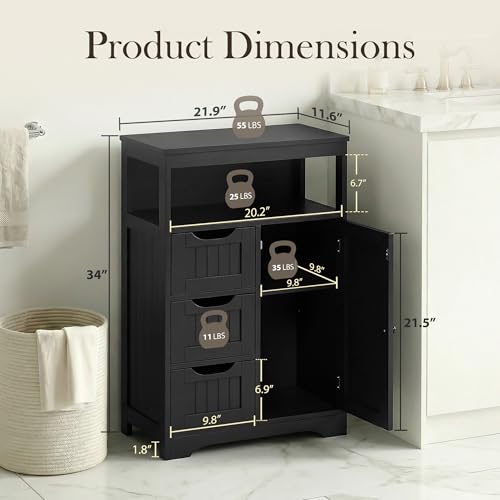 ZenStyle Bathroom Floor Cabinet, Storage Organizer with 3 Drawers and 1 Door, Free Standing Entryway Cupboard for Home Office (Black)