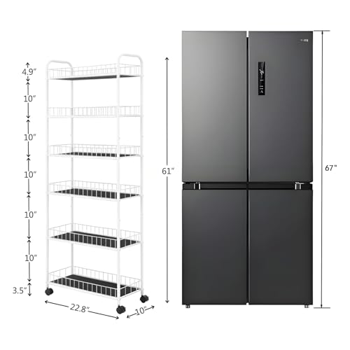 10in Slim Storage Cart, Metal 6-Tier Narrow Rolling Shelf, Sturdy Slim Storage with Hooks Ideal for Kitchen, Bathroom, and Laundry Room (10in White) - size: 10in White