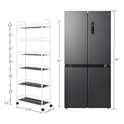 10in Slim Storage Cart, Metal 6-Tier Narrow Rolling Shelf, Sturdy Slim Storage with Hooks Ideal for Kitchen, Bathroom, and Laundry Room (10in White) - size: 10in White