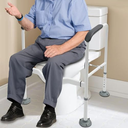 Toilet Rails for Bathroom, Stand Alone Toilet Handrail Frame with Adjustable Height, Medical Frame for Elderly Handicap, 300lbs Capacity Toilet Support Rail with Padded Handles