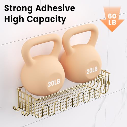 4-Pack Adhesive Shower Caddy, Wall Mounted Bathroom Shelf, Gold | 2 Open Grid Baskets, Drill-Free Adhesive, 2 Detachable Hooks, Rustproof Metal, Ideal Bathroom Kitchen Shelf, Holds 25Lbs - color: Gold