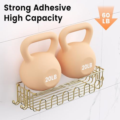 4-Pack Adhesive Shower Caddy, Wall Mounted Bathroom Shelf, Gold | 2 Open Grid Baskets, Drill-Free Adhesive, 2 Detachable Hooks, Rustproof Metal, Ideal Bathroom Kitchen Shelf, Holds 25Lbs - color: Gold