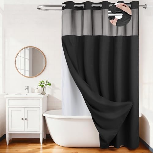 RiverDream Heavyweight Waffle No Hook Shower Curtain with Liner,Black,71x86 | Dotted Waffle,Snap-in Liner,Heavy Duty,Quick Dry,Mesh Top Window,With Bottom Magnets,Hotel-Grade,Washable,Extra Long Size - color: Black, size: 71"W x 86"L (Pack of 1)